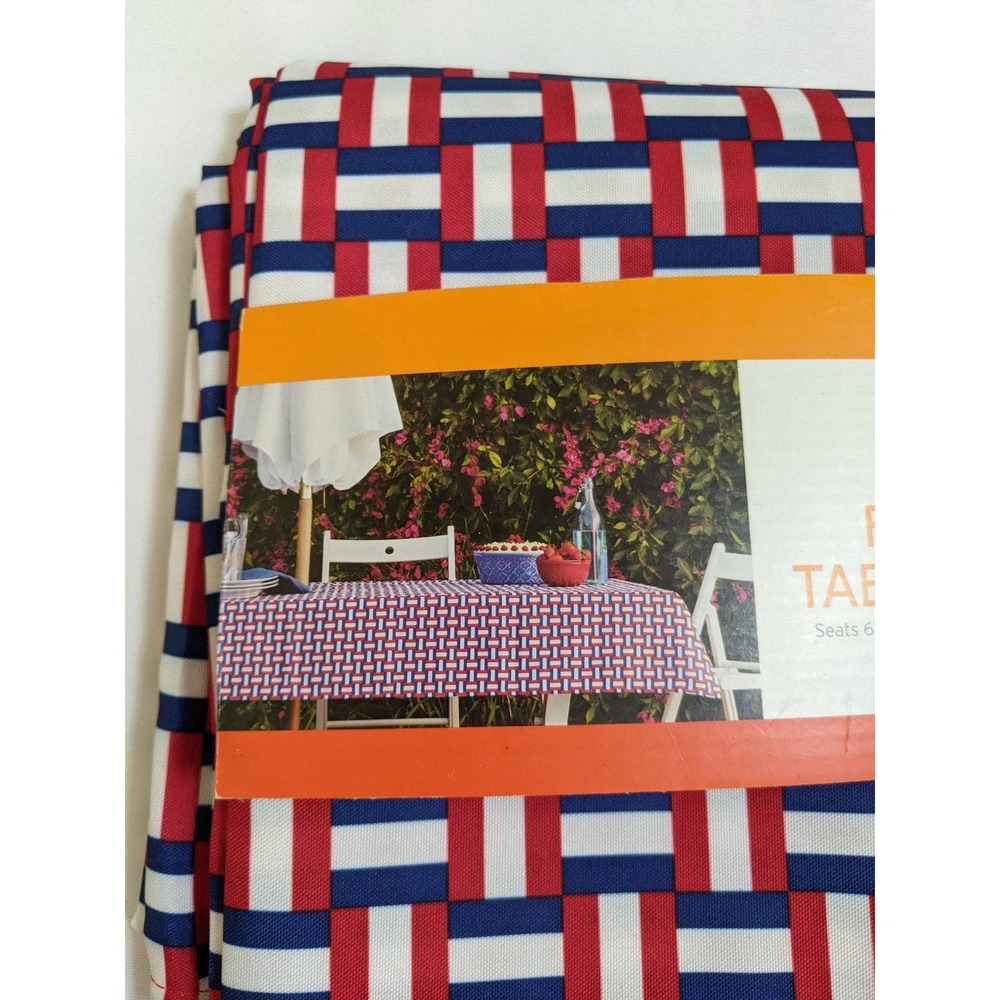 New Decor Target Summer fabric Tablecloth Basket Weave oblong red white blue
